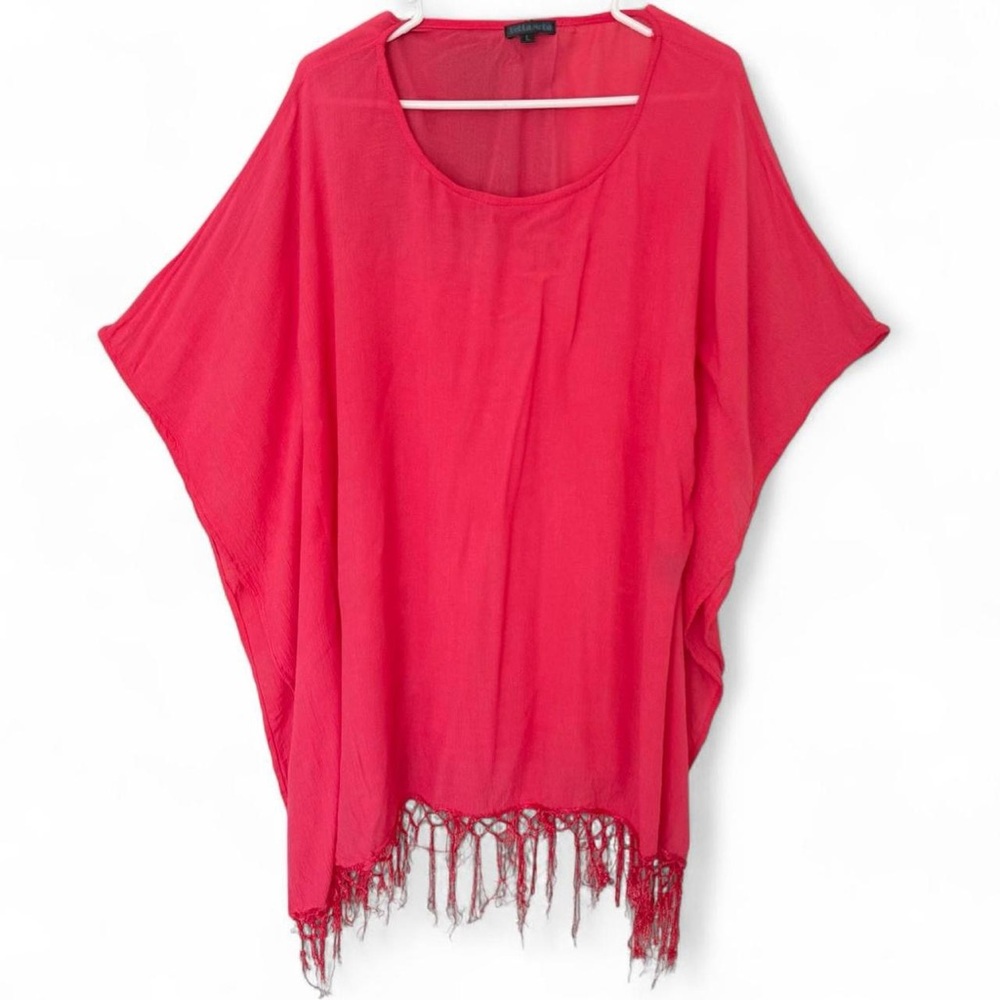 Bella Moda Red/ hot pink sheer mesh poncho shawl shirt with fringe trim
